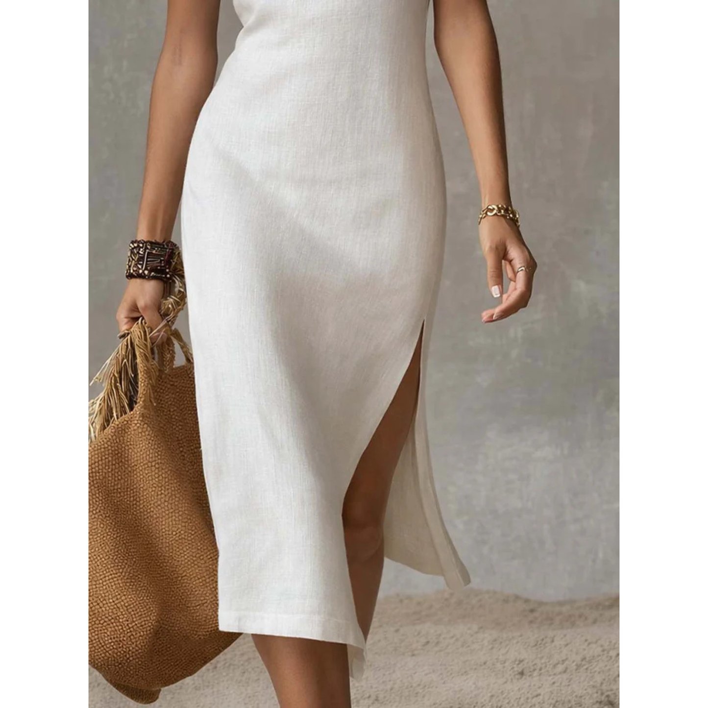 Elegant Sleeveless High-Slit Midi Knit Dress
