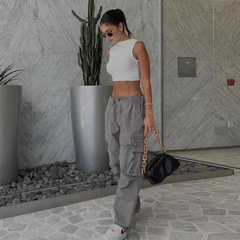 Grey Low-Rise | Straight Cargo Trousers