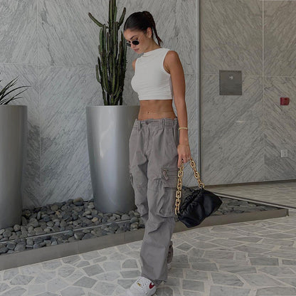 Grey Low-Rise | Straight Cargo Trousers